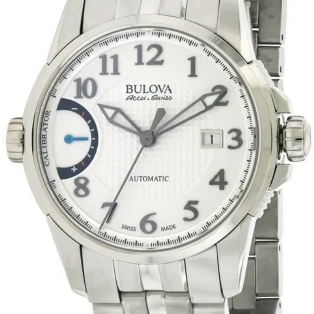 Bulova Silver White Dial Stainless Steel Men's Automatic Watch with Blue Accent